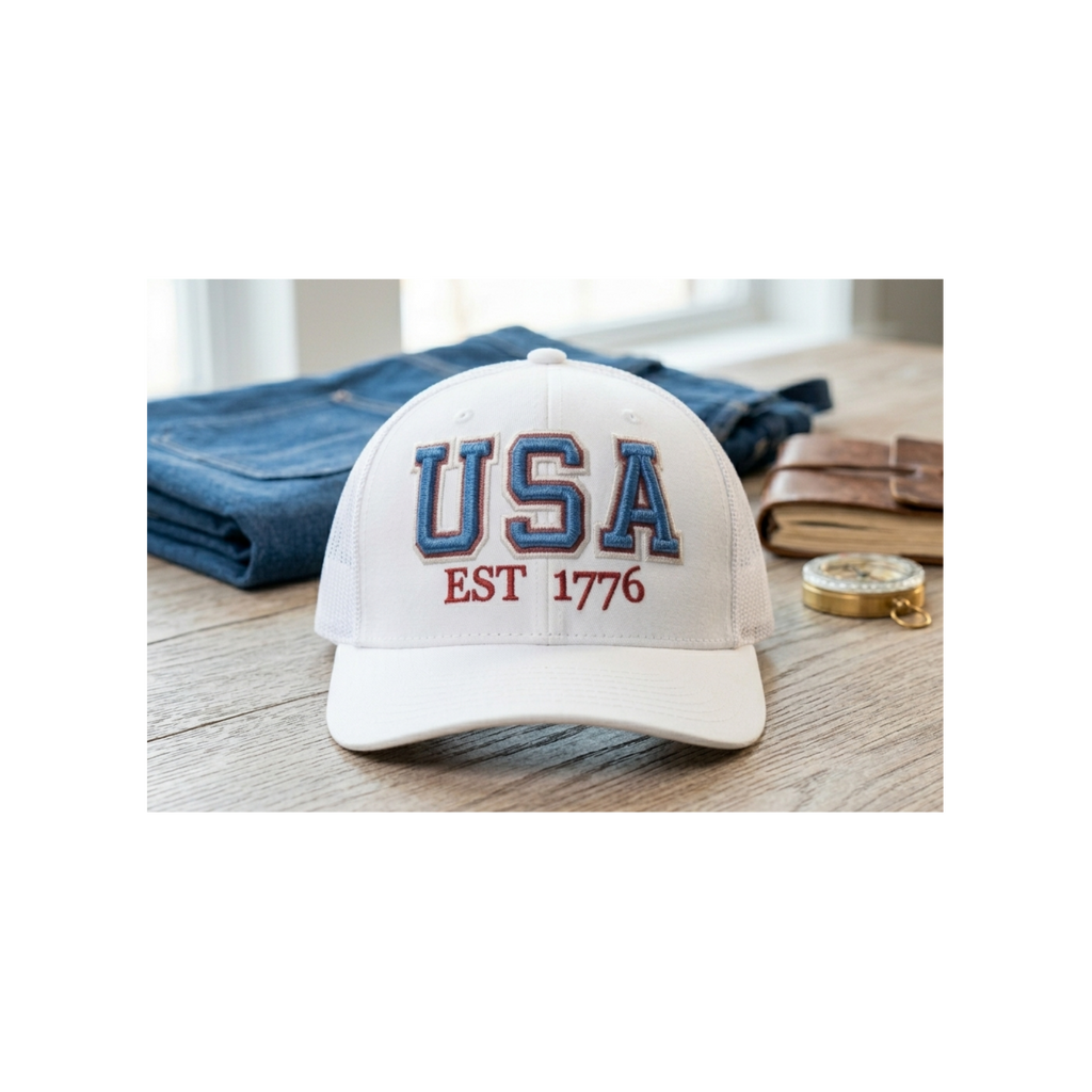 USA Est 1776 Hat: Navy 3D Puff Embroidery Red Glitter Applique