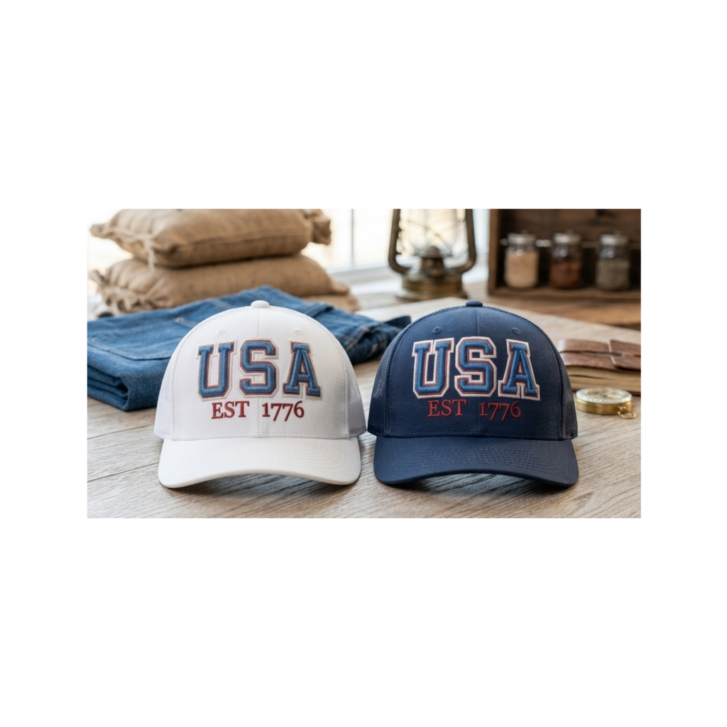 USA Est 1776 Hat: Navy 3D Puff Embroidery Red Glitter Applique