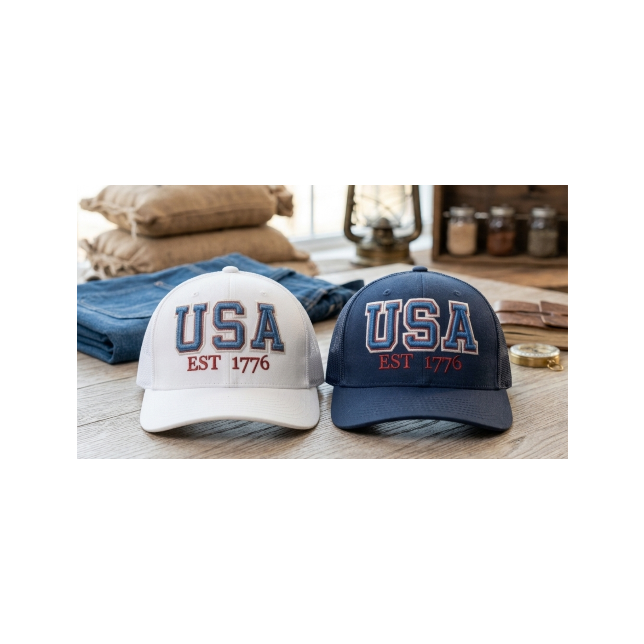 USA Est 1776 Hat: Navy 3D Puff Embroidery Red Glitter Applique