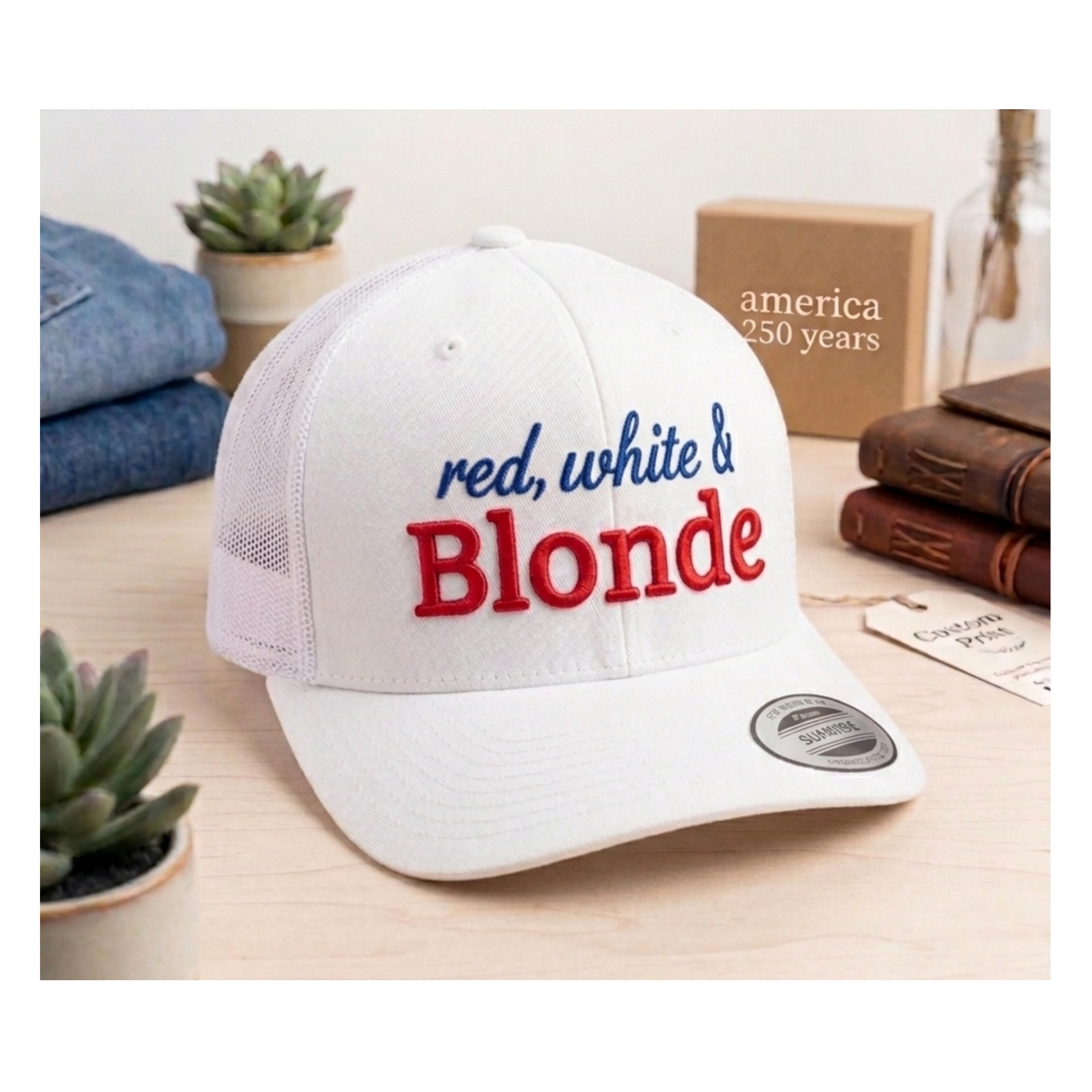 Red White and Blonde Custom 3d Puff Embroidered Trucker Hat | Fourth of July 4th Merch | Patriotic Snapback Mesh Cap