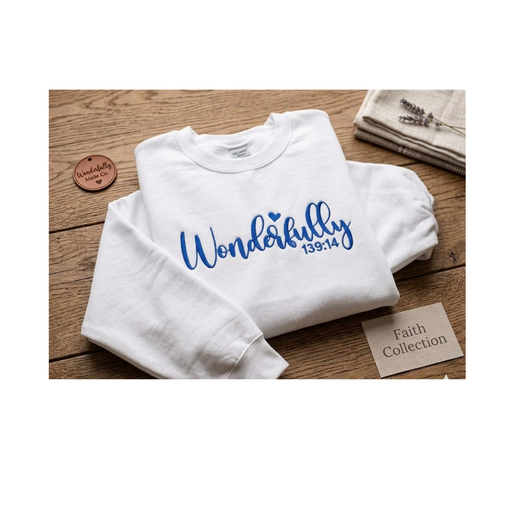 Embroidered Wonderfully Made Crewneck Sweatshirt | Psalm 139:14 Faith Collection | Gildan 18000 White & Sand Custom Apparel