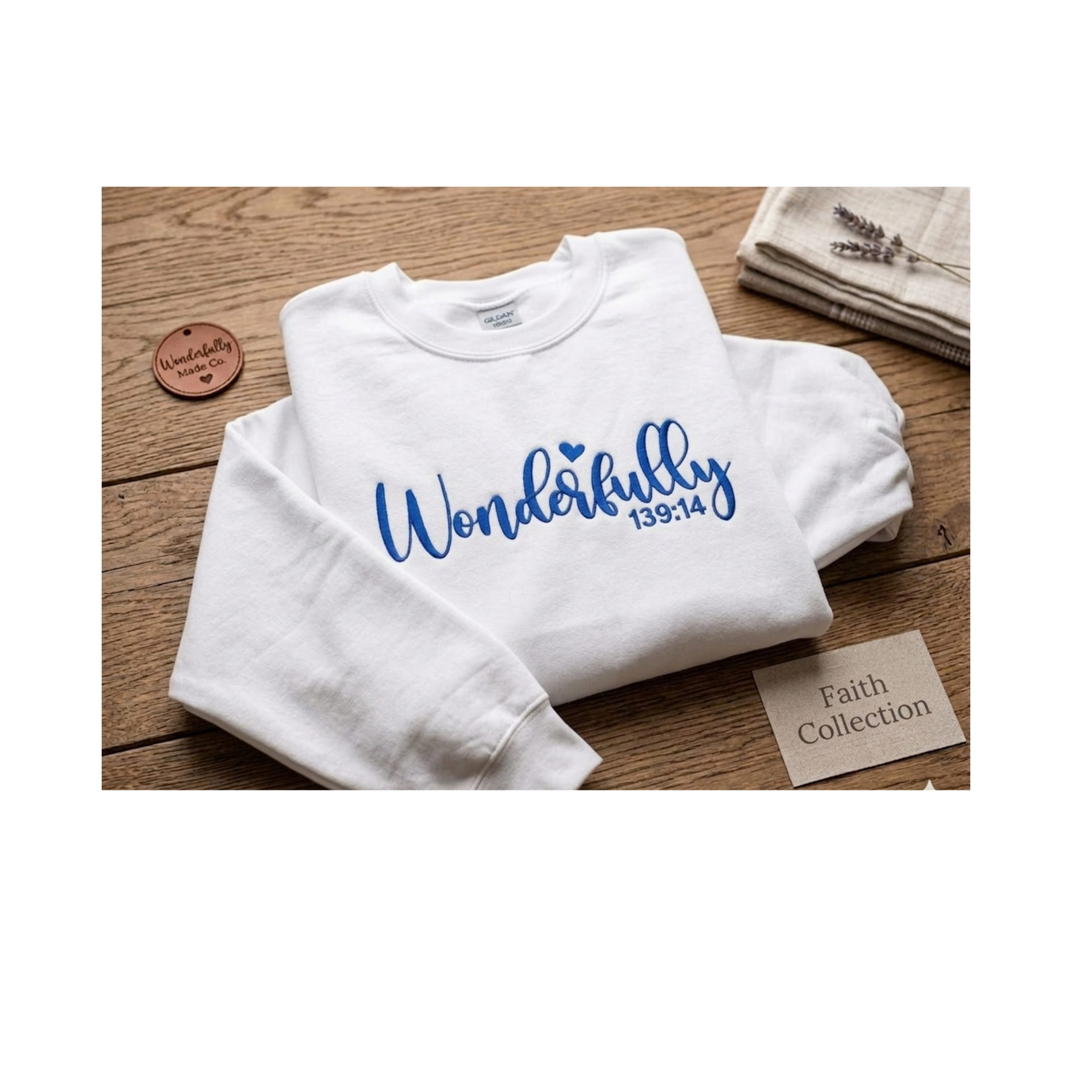 Embroidered Wonderfully Made Crewneck Sweatshirt | Psalm 139:14 Faith Collection | Gildan 18000 White & Sand Custom Apparel