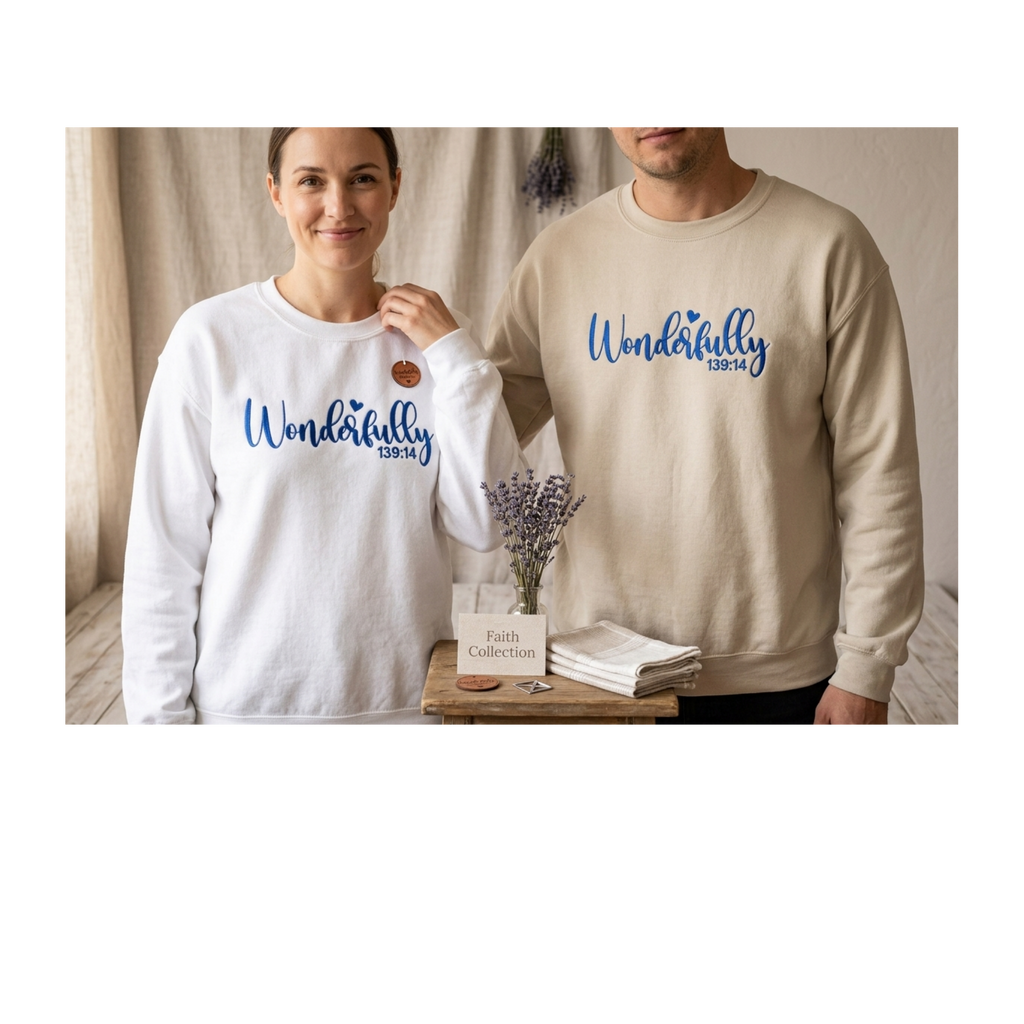 Embroidered Wonderfully Made Crewneck Sweatshirt | Psalm 139:14 Faith Collection | Gildan 18000 White & Sand Custom Apparel
