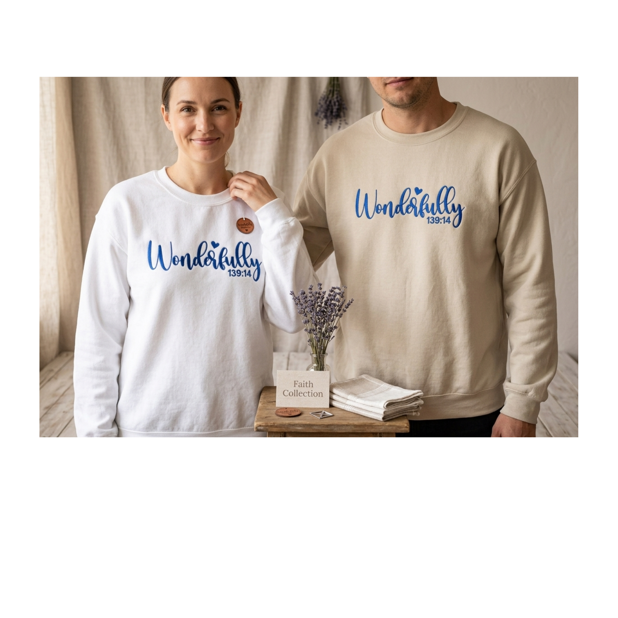 Embroidered Wonderfully Made Crewneck Sweatshirt | Psalm 139:14 Faith Collection | Gildan 18000 White & Sand Custom Apparel