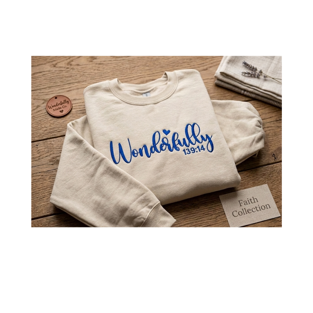 Embroidered Wonderfully Made Crewneck Sweatshirt | Psalm 139:14 Faith Collection | Gildan 18000 White & Sand Custom Apparel