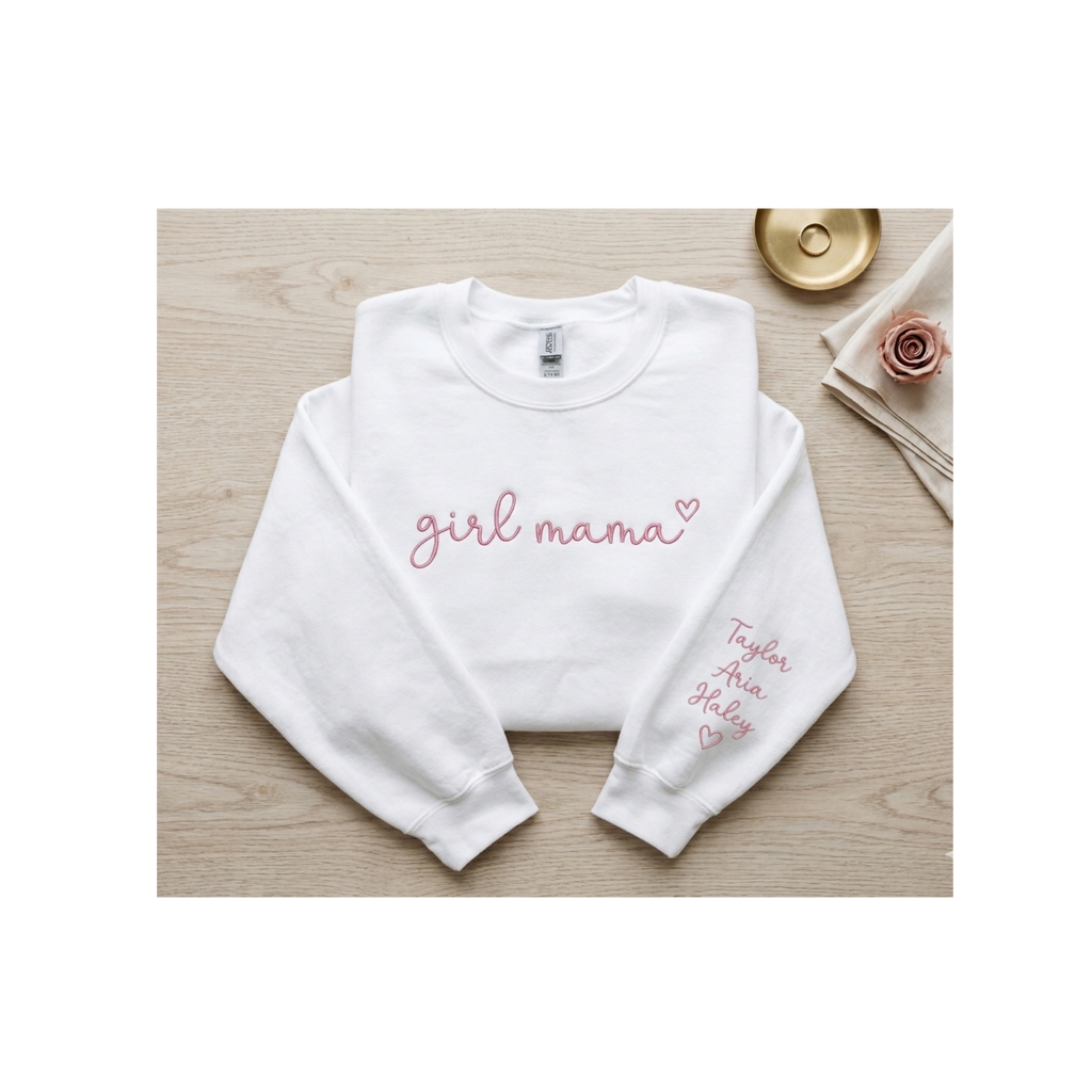 Personalized Mama Sweatshirt with Kids Names on Sleeve - Custom Embroidered Girl Mama Crewneck - Personalized Mother’s Day Gift