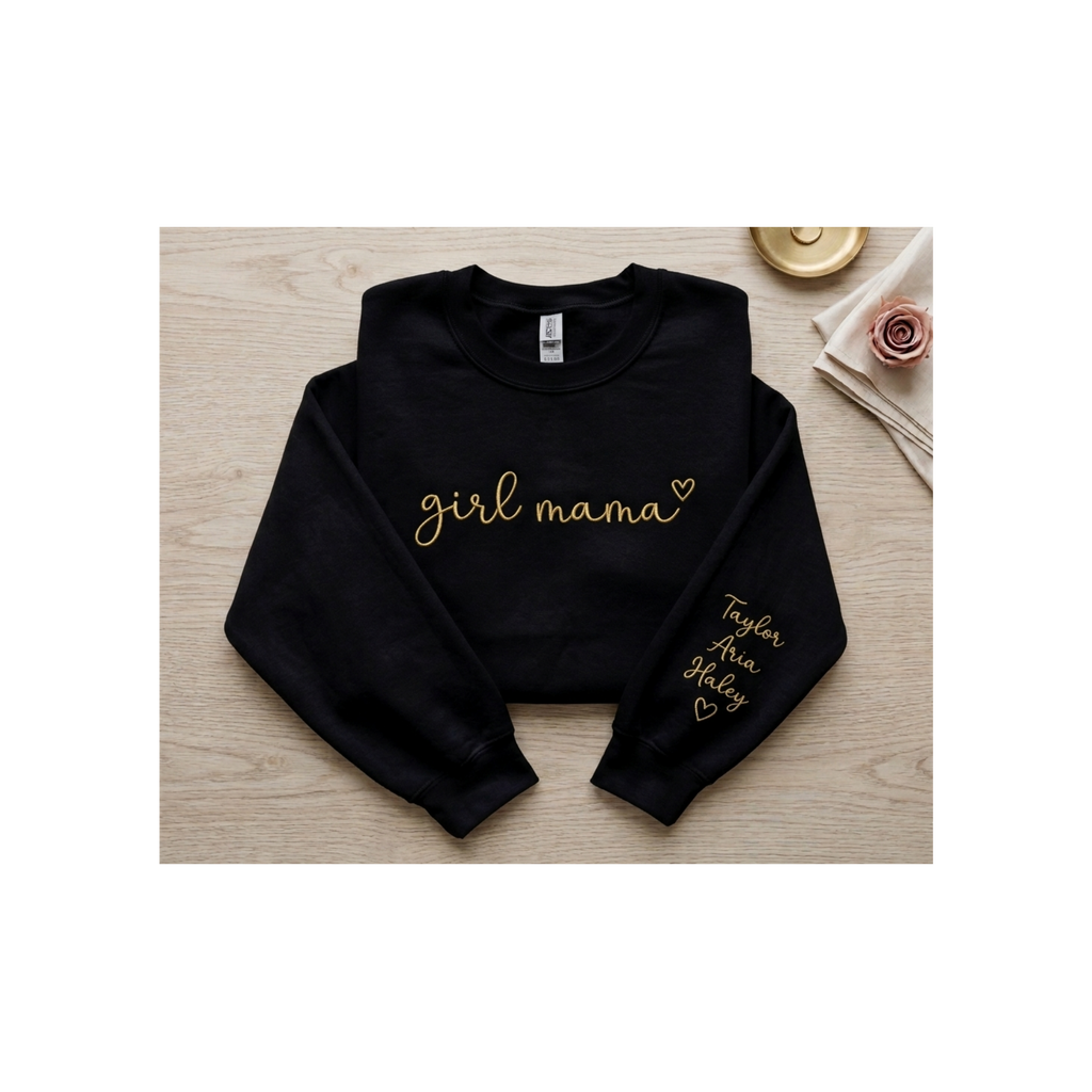 Personalized Mama Sweatshirt with Kids Names on Sleeve - Custom Embroidered Girl Mama Crewneck - Personalized Mother’s Day Gift
