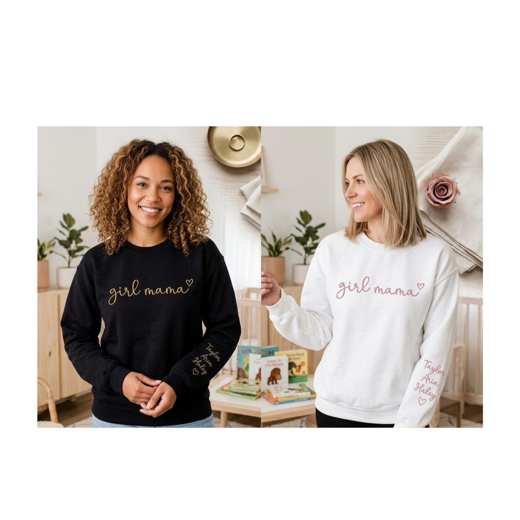 Personalized Mama Sweatshirt with Kids Names on Sleeve - Custom Embroidered Girl Mama Crewneck - Personalized Mother’s Day Gift