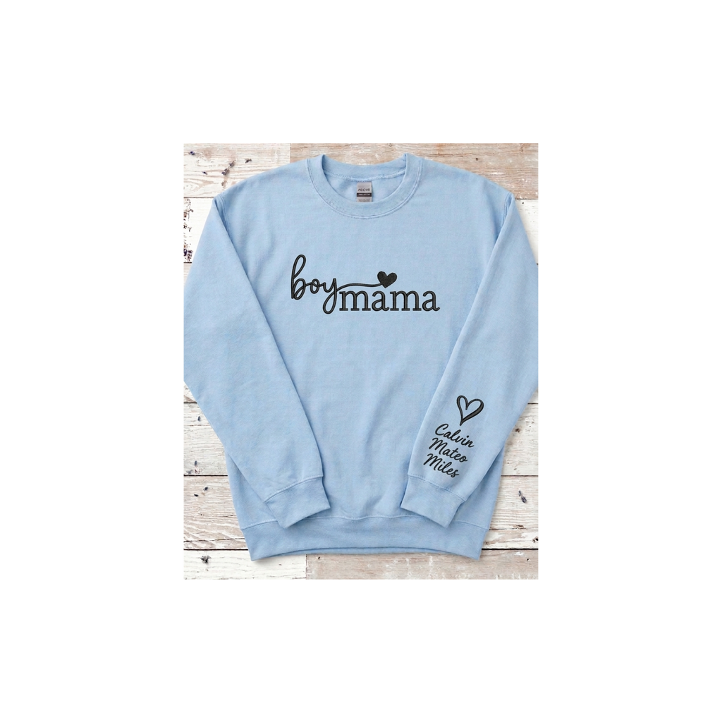 Boy Mama Personalized Embroidered Sweatshirt with Kids Names on Sleeve