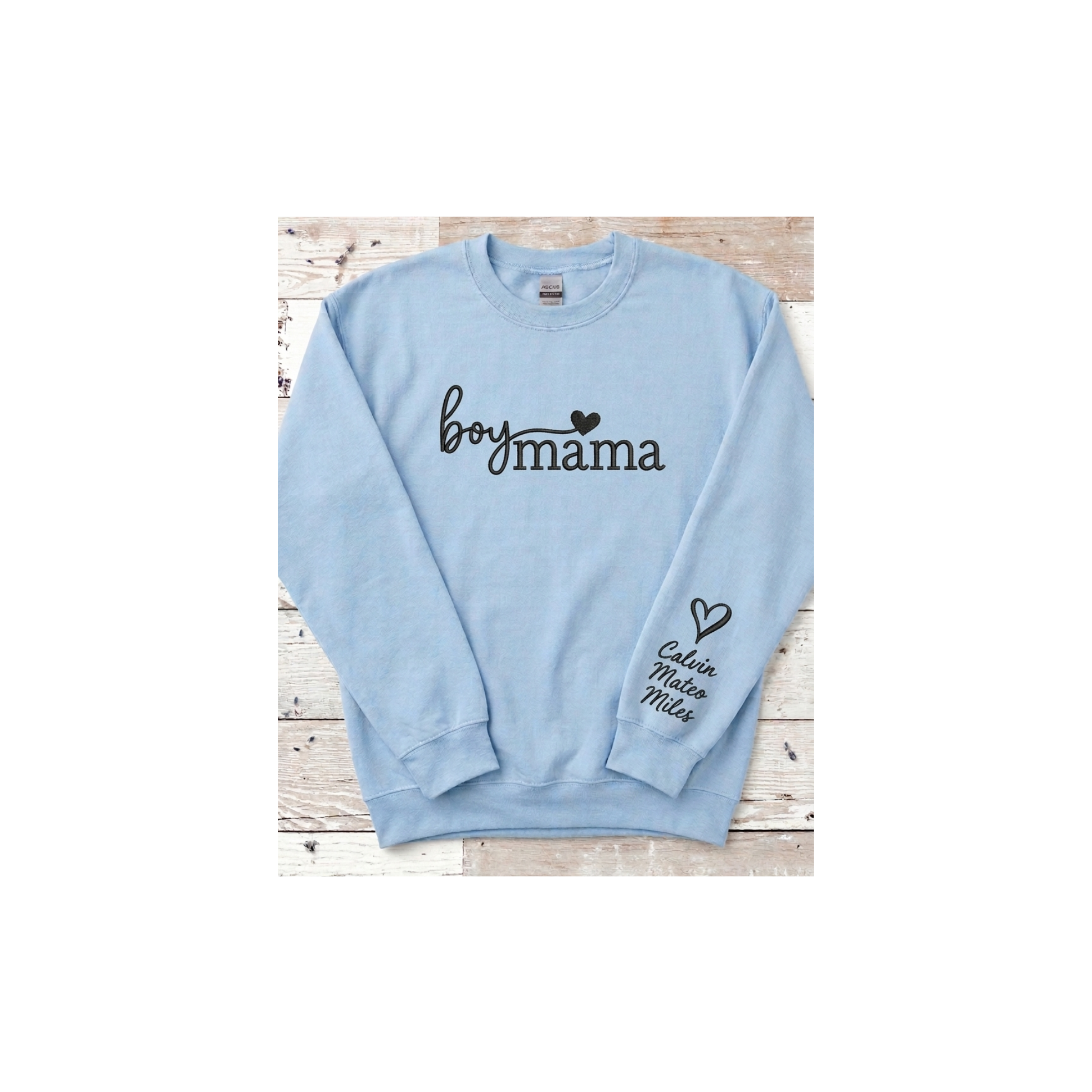 Boy Mama Personalized Embroidered Sweatshirt with Kids Names on Sleeve