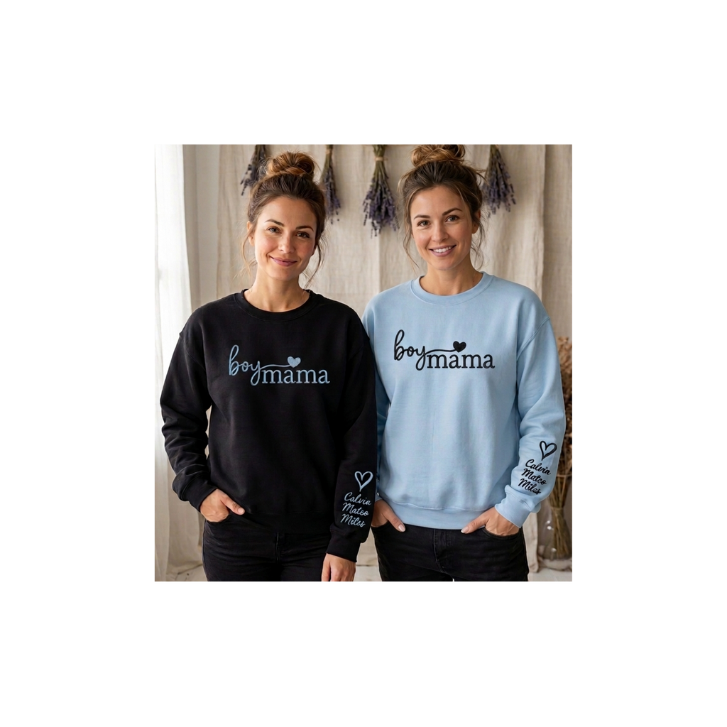 Boy Mama Personalized Embroidered Sweatshirt with Kids Names on Sleeve
