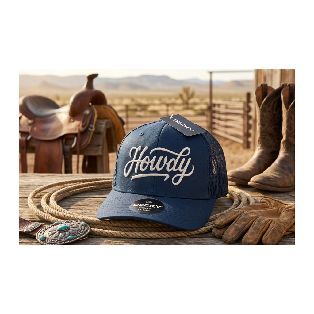 Howdy Embroidered Western Trucker Hat - Retro Mesh Back Snapback - Custom Script Cap