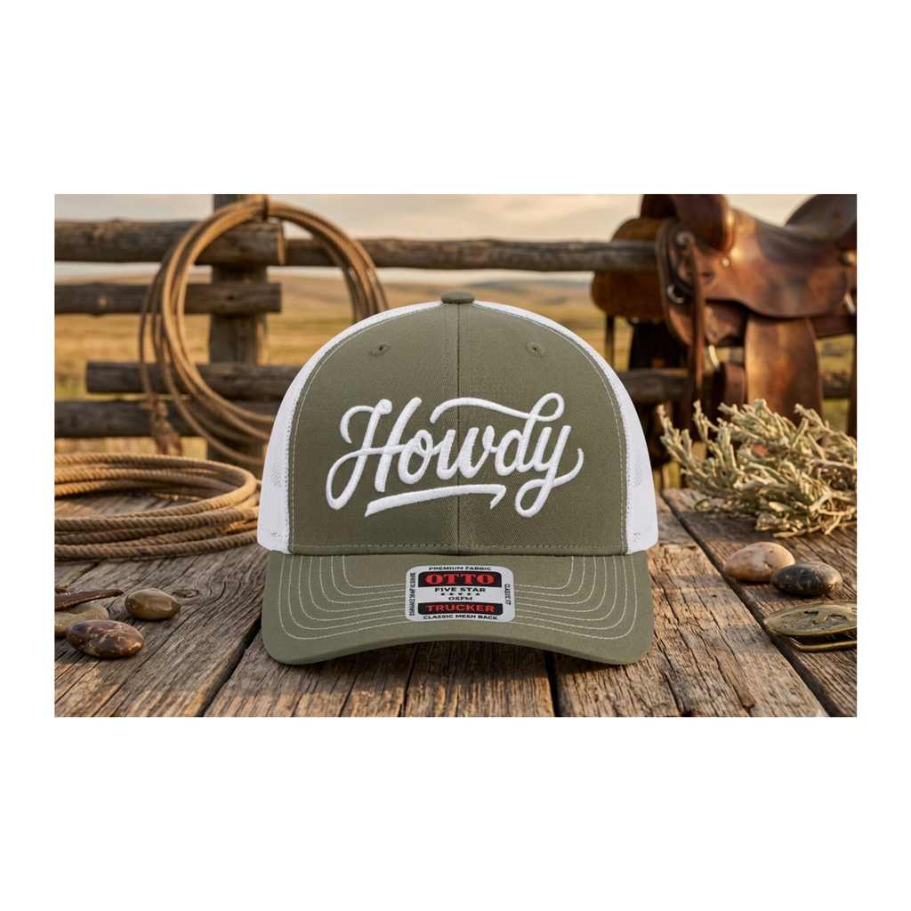 Howdy Embroidered Western Trucker Hat - Retro Mesh Back Snapback - Custom Script Cap