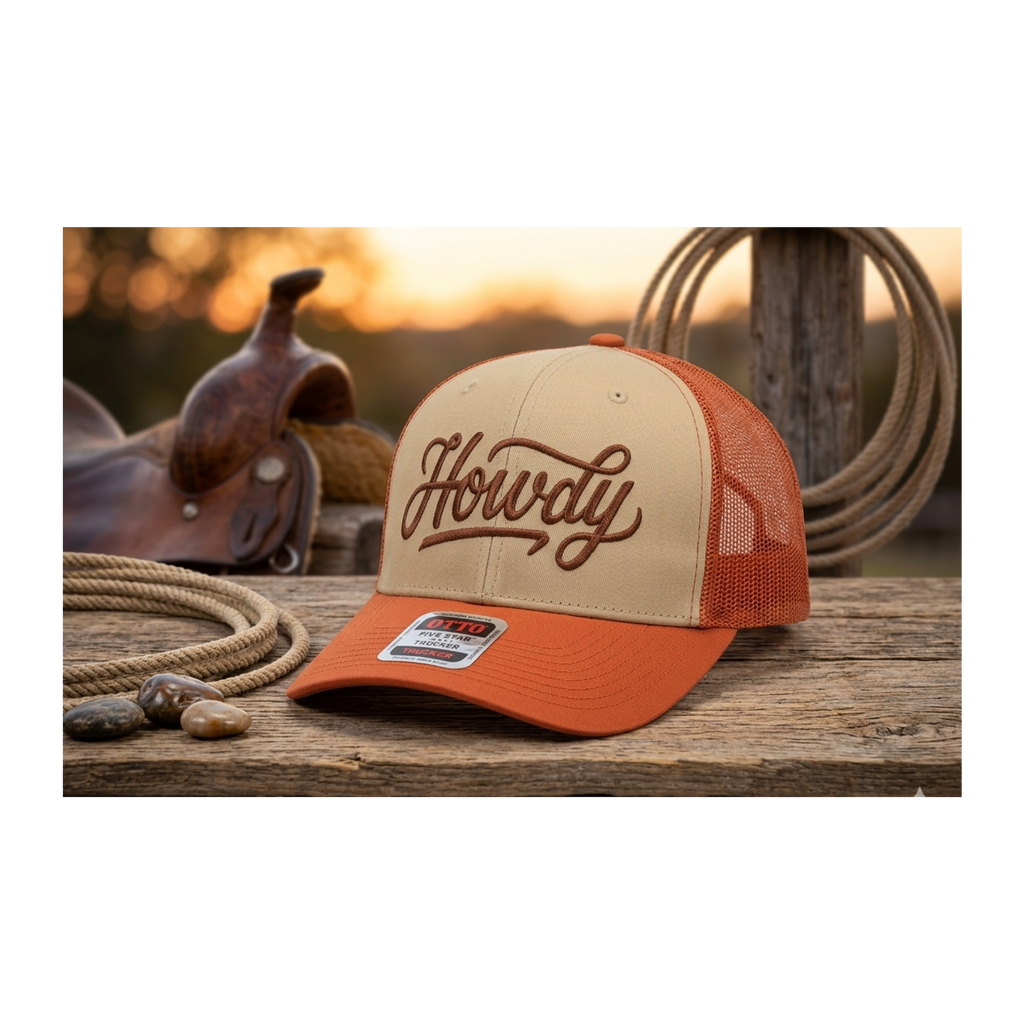 Howdy Embroidered Western Trucker Hat - Retro Mesh Back Snapback - Custom Script Cap