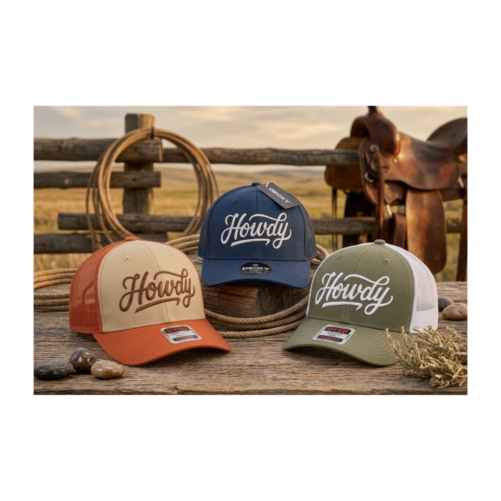 Howdy Embroidered Western Trucker Hat - Retro Mesh Back Snapback - Custom Script Cap