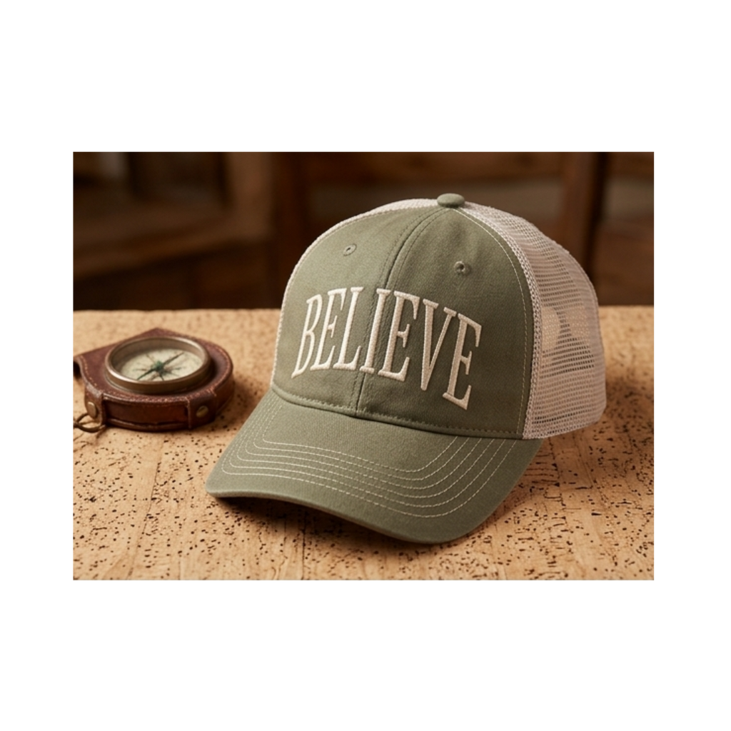 Custom "BELIEVE" Embroidered District DT630 Unstructured Mesh Back Trucker Cap