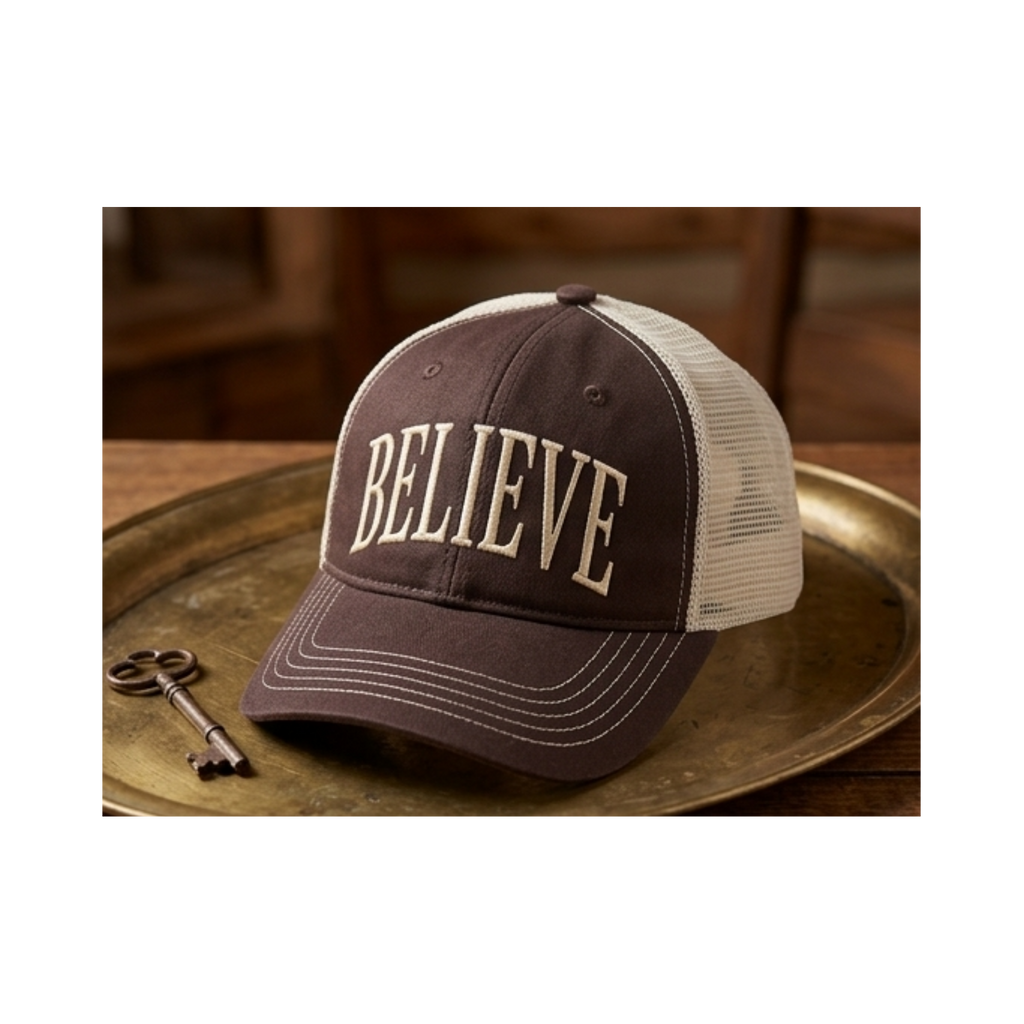 Custom "BELIEVE" Embroidered District DT630 Unstructured Mesh Back Trucker Cap