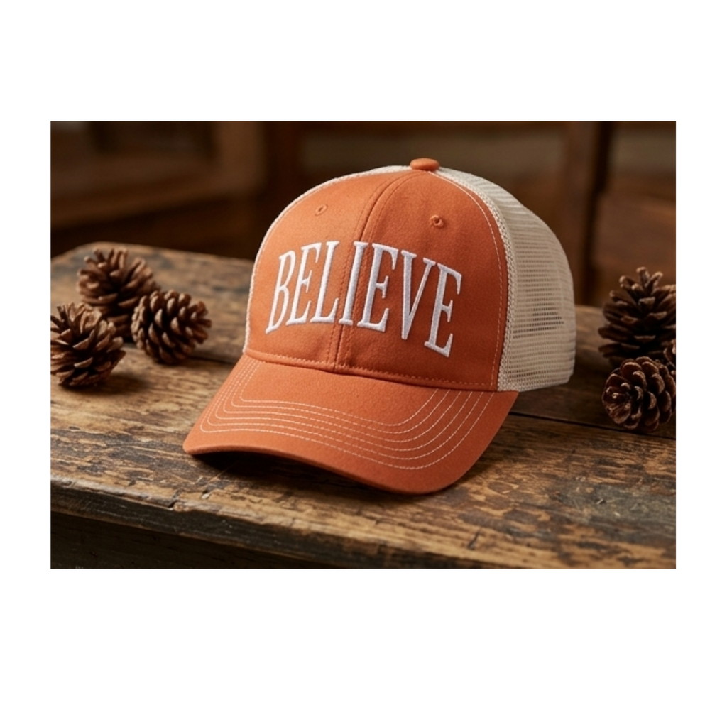 Custom "BELIEVE" Embroidered District DT630 Unstructured Mesh Back Trucker Cap