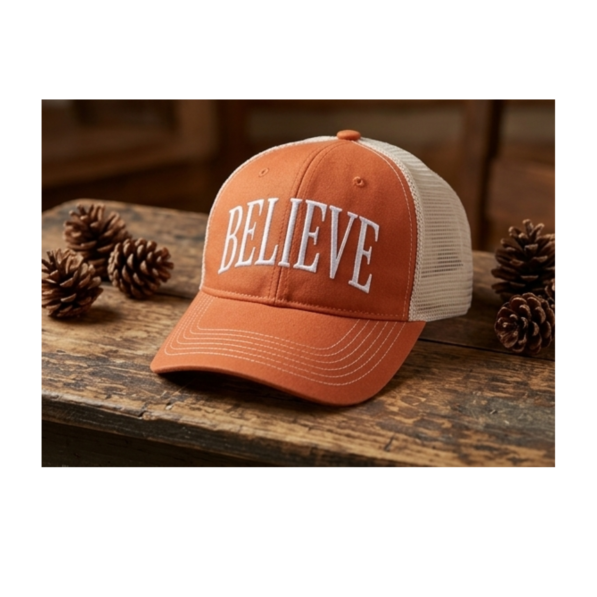 Custom "BELIEVE" Embroidered District DT630 Unstructured Mesh Back Trucker Cap