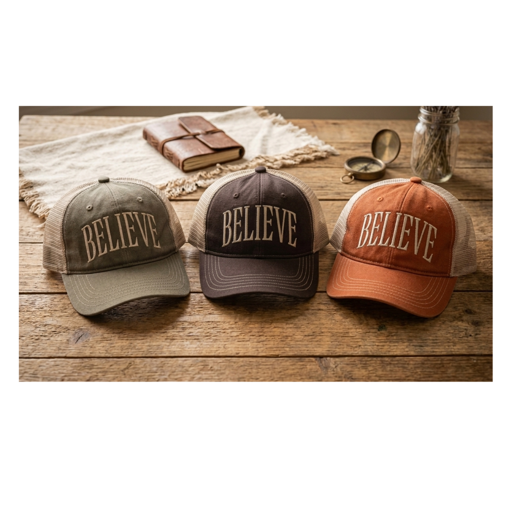 Custom "BELIEVE" Embroidered District DT630 Unstructured Mesh Back Trucker Cap