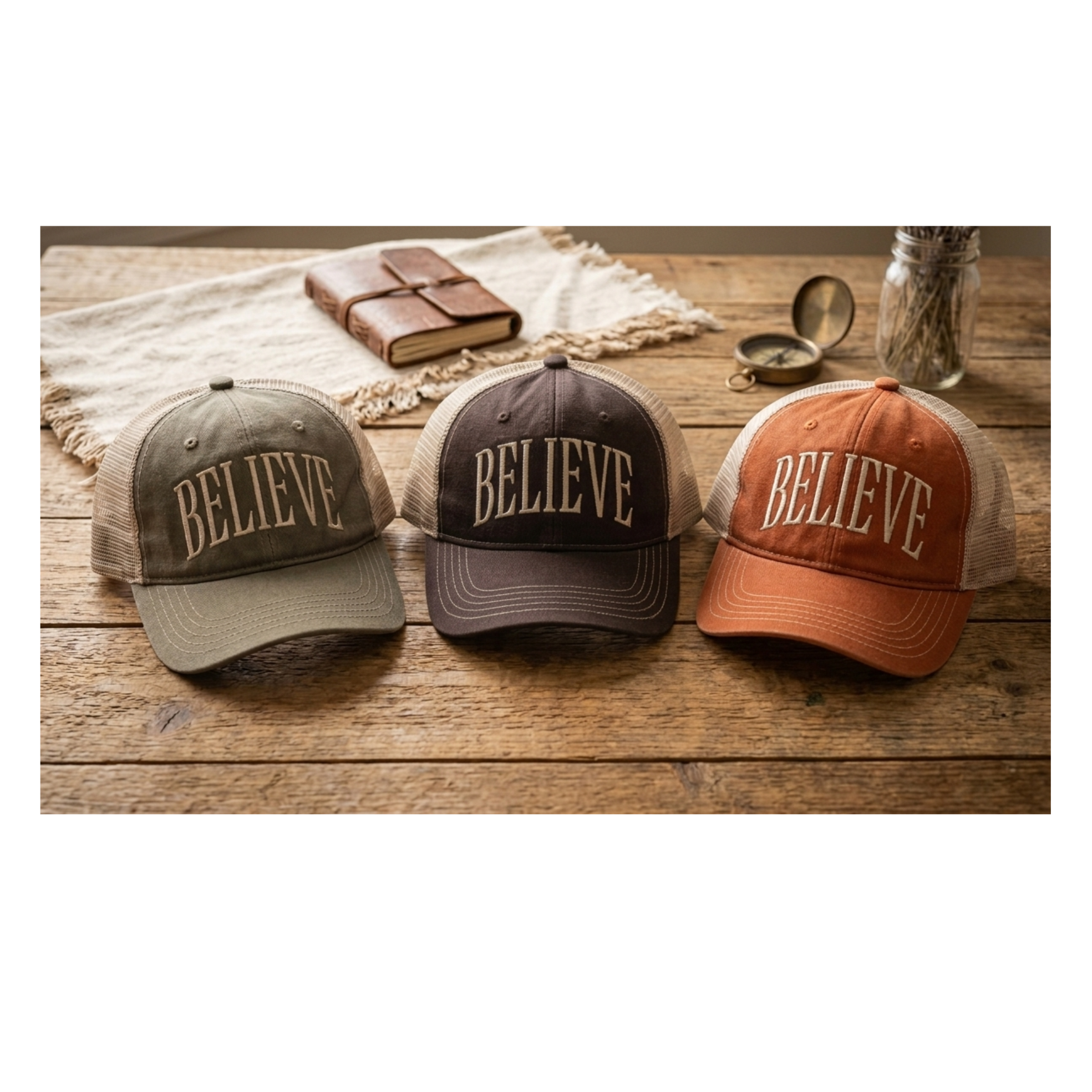 Custom "BELIEVE" Embroidered District DT630 Unstructured Mesh Back Trucker Cap