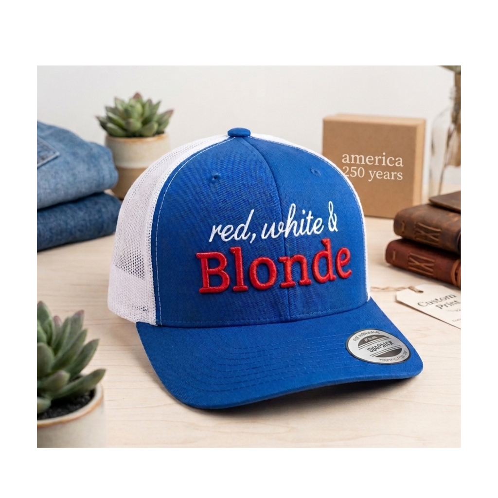 Red White and Blonde Custom 3d Puff Embroidered Trucker Hat | Fourth of July 4th Merch | Patriotic Snapback Mesh Cap
