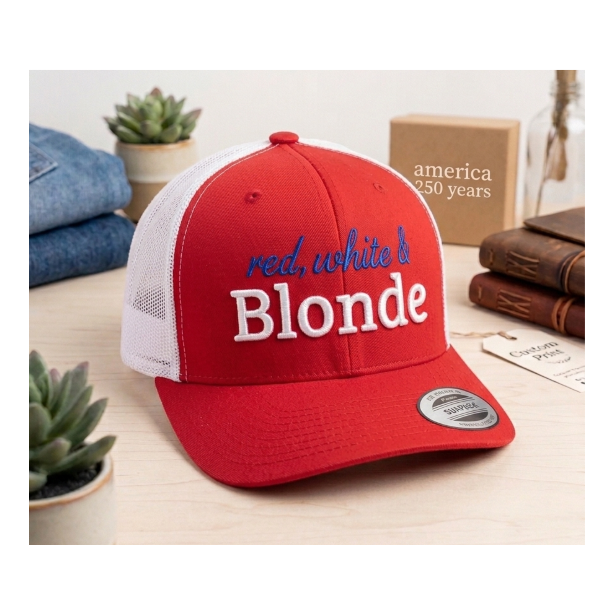 Red White and Blonde Custom 3d Puff Embroidered Trucker Hat | Fourth of July 4th Merch | Patriotic Snapback Mesh Cap