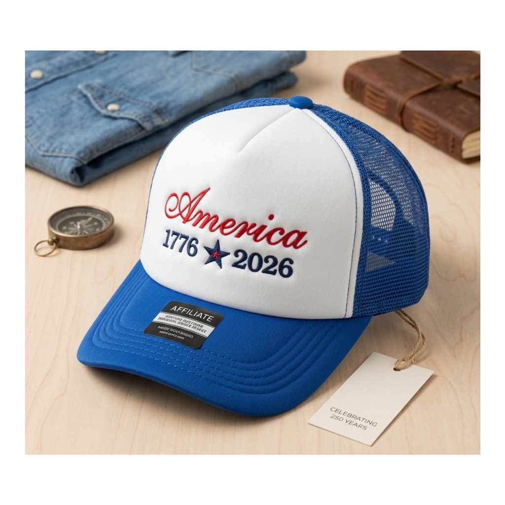 America 1776-2026 Embroidered Trucker Cap – US Semicentennial Patriotic Hat