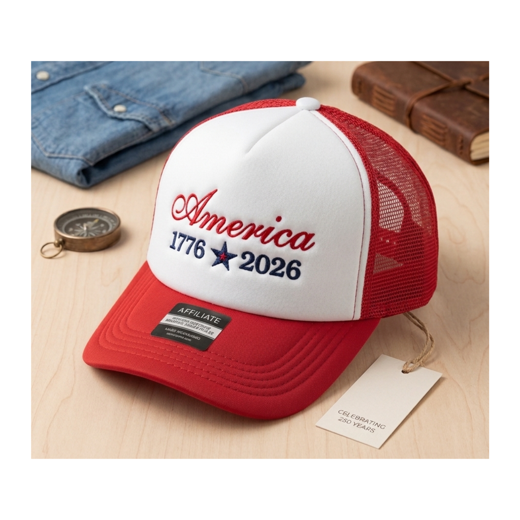 America 1776-2026 Embroidered Trucker Cap – US Semicentennial Patriotic Hat