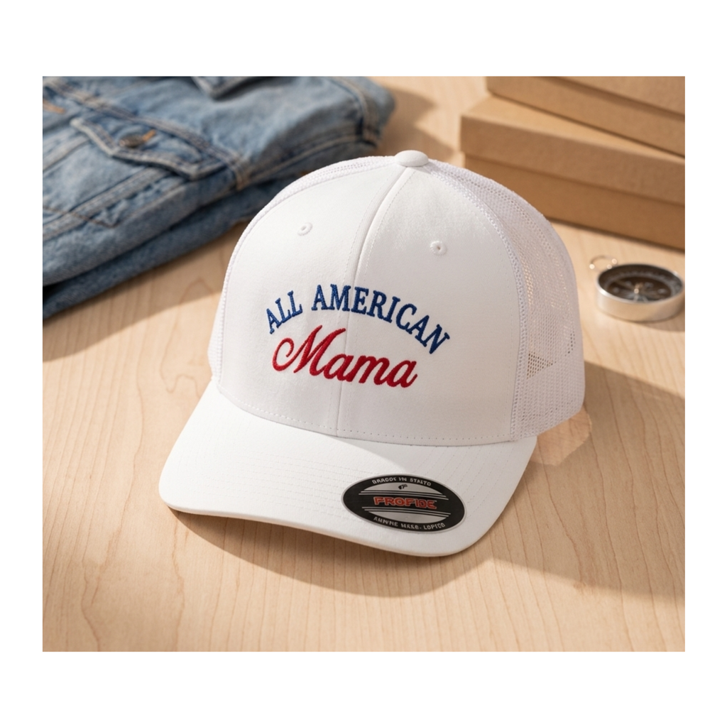 All American Mama Embroidered Trucker Hat | Patriotic Mother's Gift