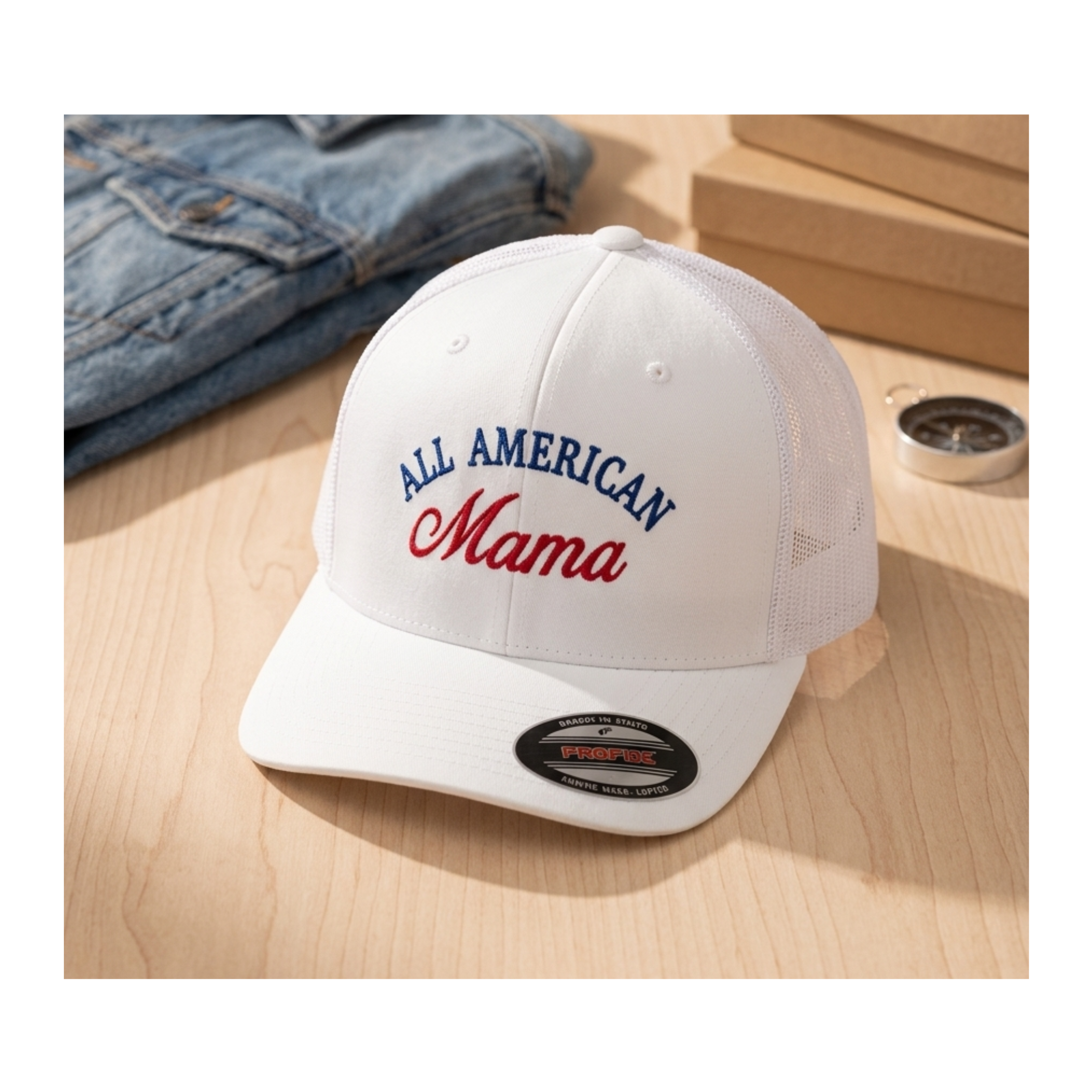 All American Mama Embroidered Trucker Hat | Patriotic Mother's Gift