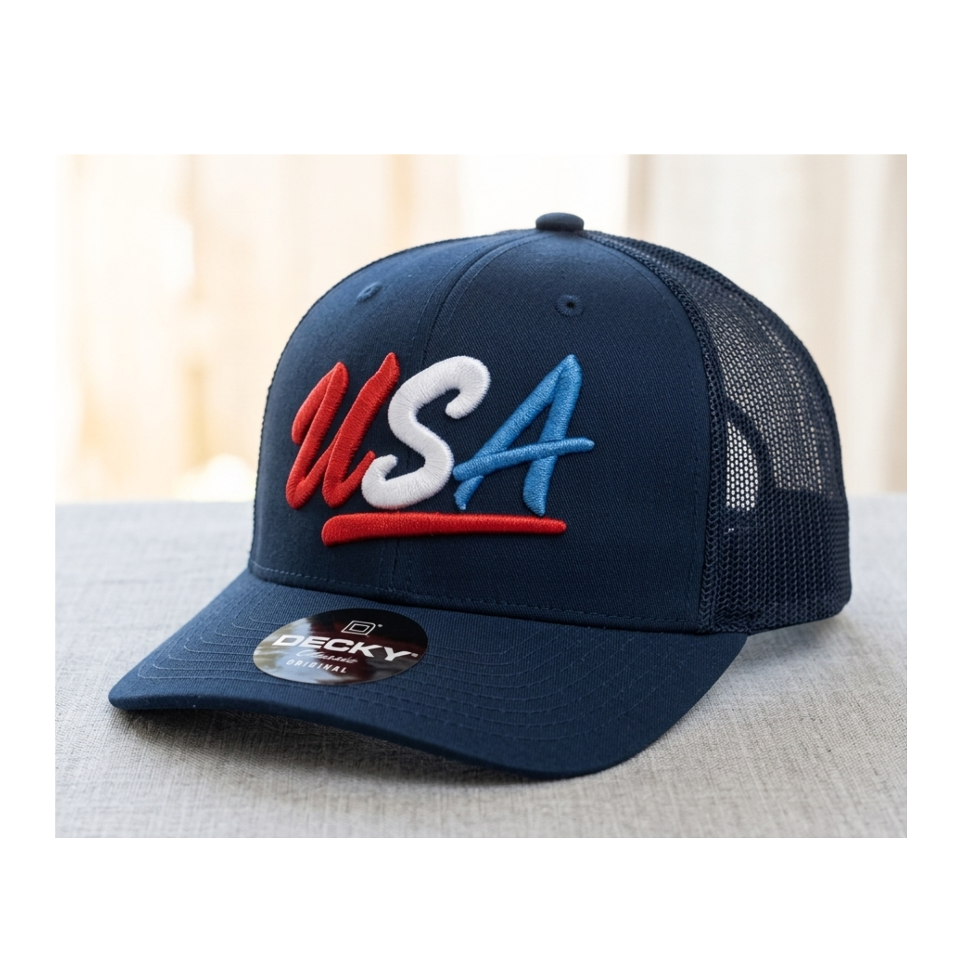 Custom USA Trucker Hat | Patriotic Embroidered Snapback Cap | Red White and Navy Blue Mesh Back  Retro Fourth of July Baseball Cap