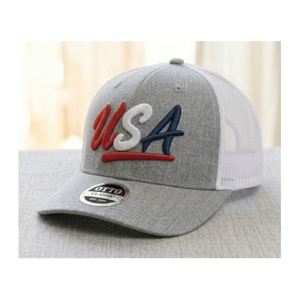 Custom USA Trucker Hat | Patriotic Embroidered Snapback Cap | Red White and Navy Blue Mesh Back  Retro Fourth of July Baseball Cap