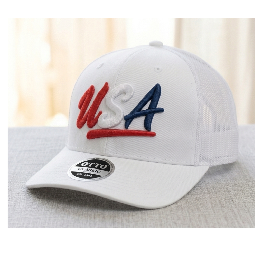 Custom USA Trucker Hat | Patriotic Embroidered Snapback Cap | Red White and Navy Blue Mesh Back  Retro Fourth of July Baseball Cap