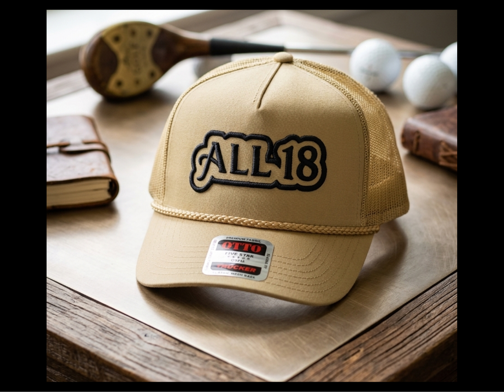 All 18 Collection, Custom Golf Trucker Hat -  Khaki OTTO Five Star Cap (OTTO 39-071) - Personalized Golfer Gift