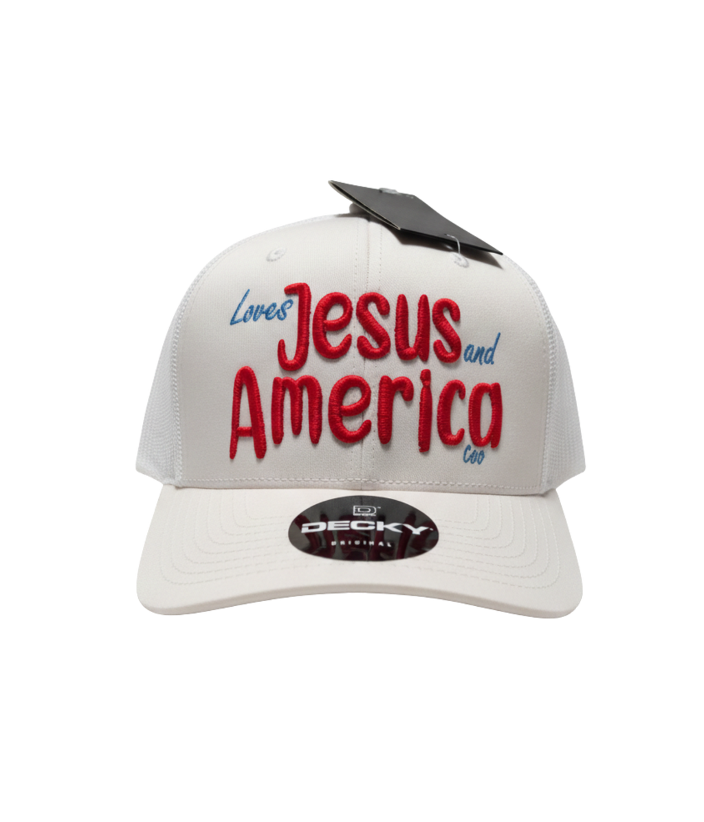 Loves Jesus and America Too Navy or White 6 Panel Classic Trucker Hat Mid Profile (3D Puff Embroidery)