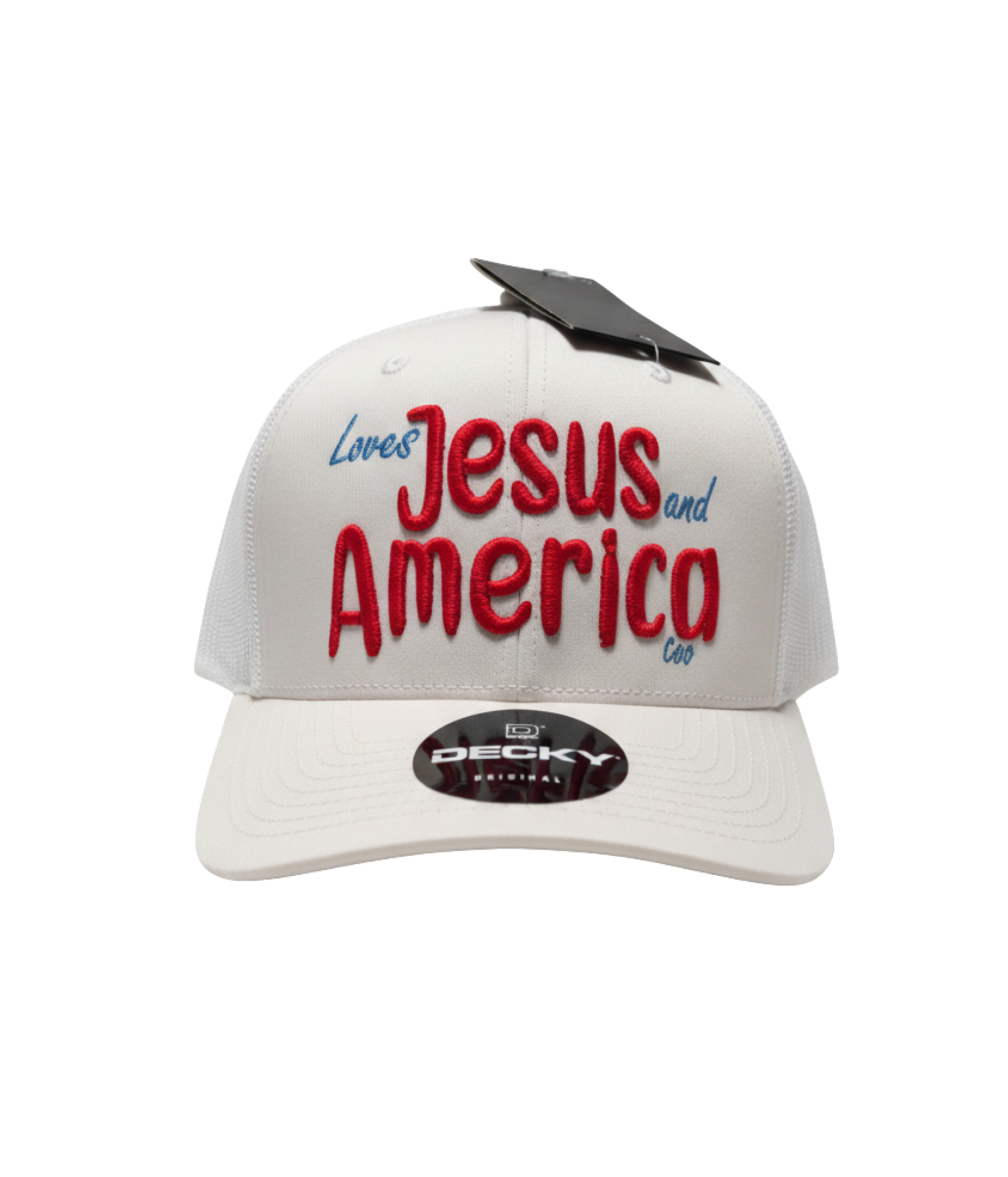 Loves Jesus and America Too  Decky 6 Panel Classic Trucker Hat Mid Profile (3D Puff Embroidery)