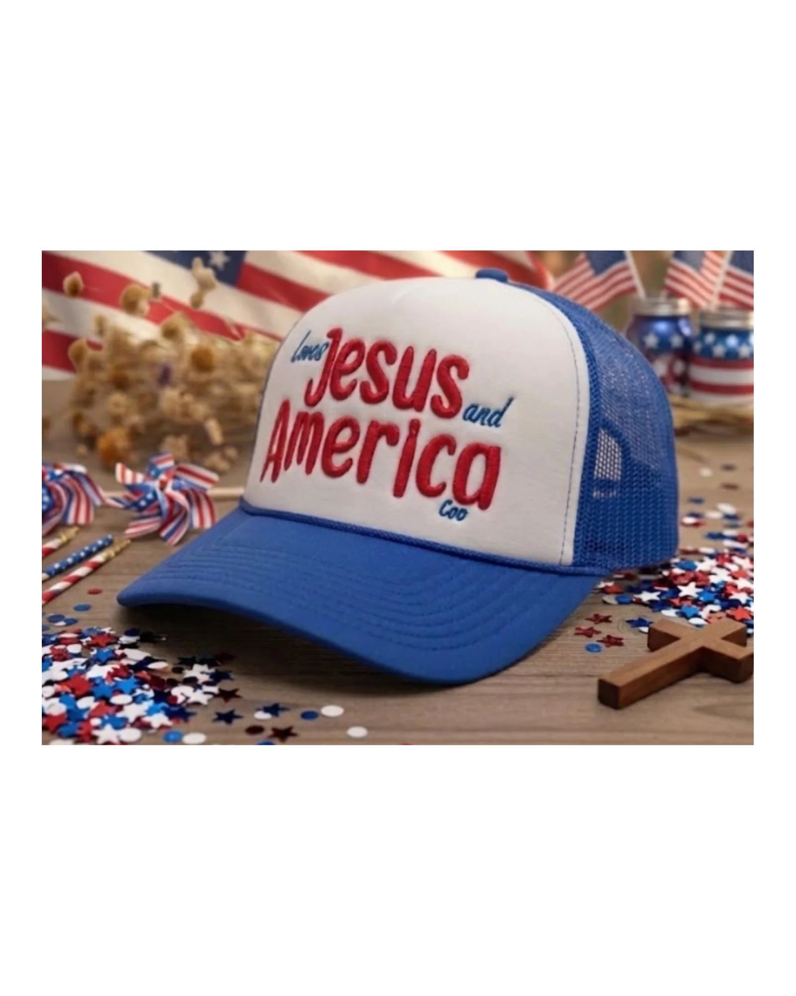 Loves Jesus and America Too Navy or White 6 Panel Classic Trucker Hat Mid Profile (3D Puff Embroidery)