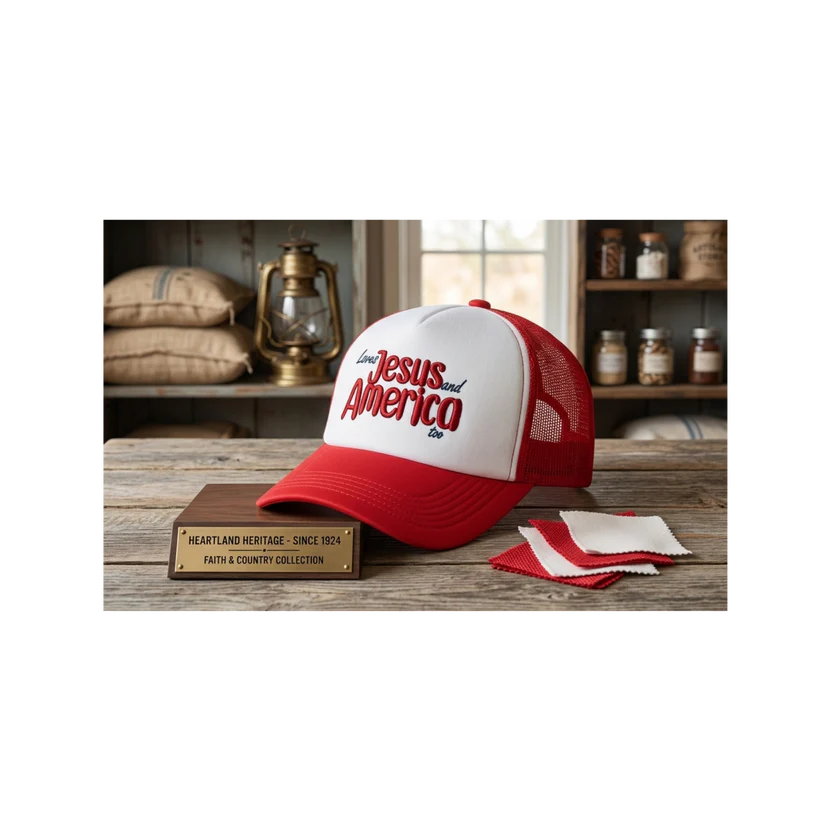 Loves Jesus and America Too Navy or White 6 Panel Classic Trucker Hat Mid Profile (3D Puff Embroidery)