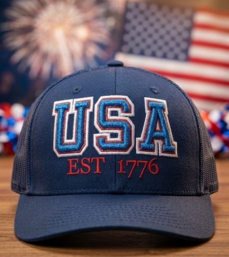 USA Est 1776 Hat: Navy 3D Puff Embroidery Red Glitter Applique